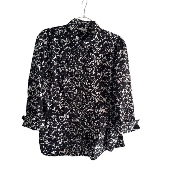 New York & Co Size XL Stretch Black & White Floral Button-Up Shirt Blouse - Picture 5 of 11
